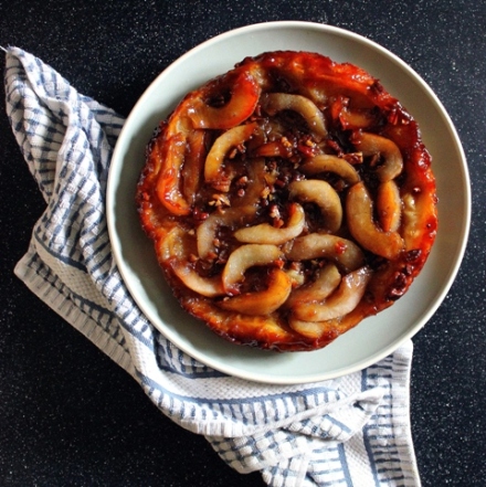butterscotch giner pear tarte tatin with pecans